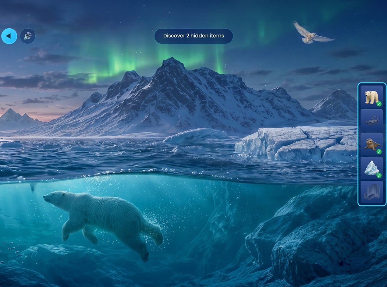 Ocean Compass Arctic scene with a swimming polar bear, icebergs and a checklist of hidden discoveries
