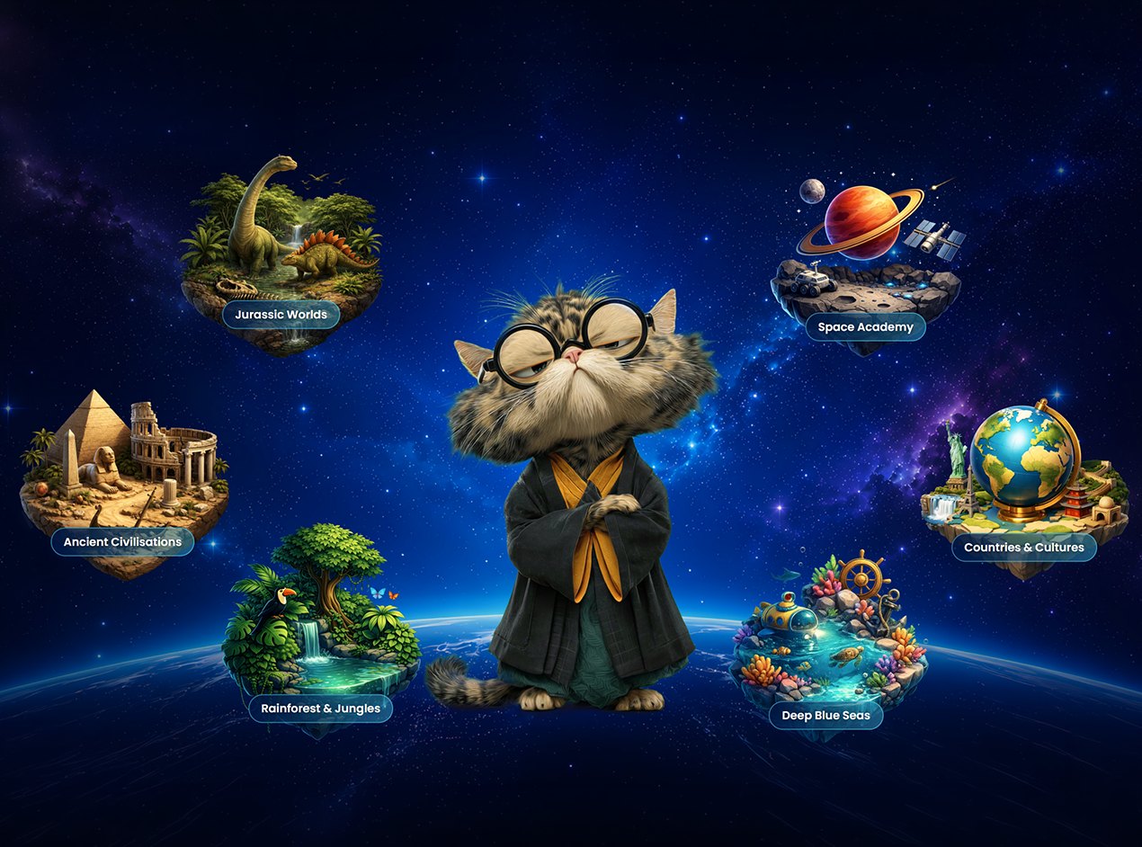 The Edju Cat home screen with subject planets surrounding Edju Cat
